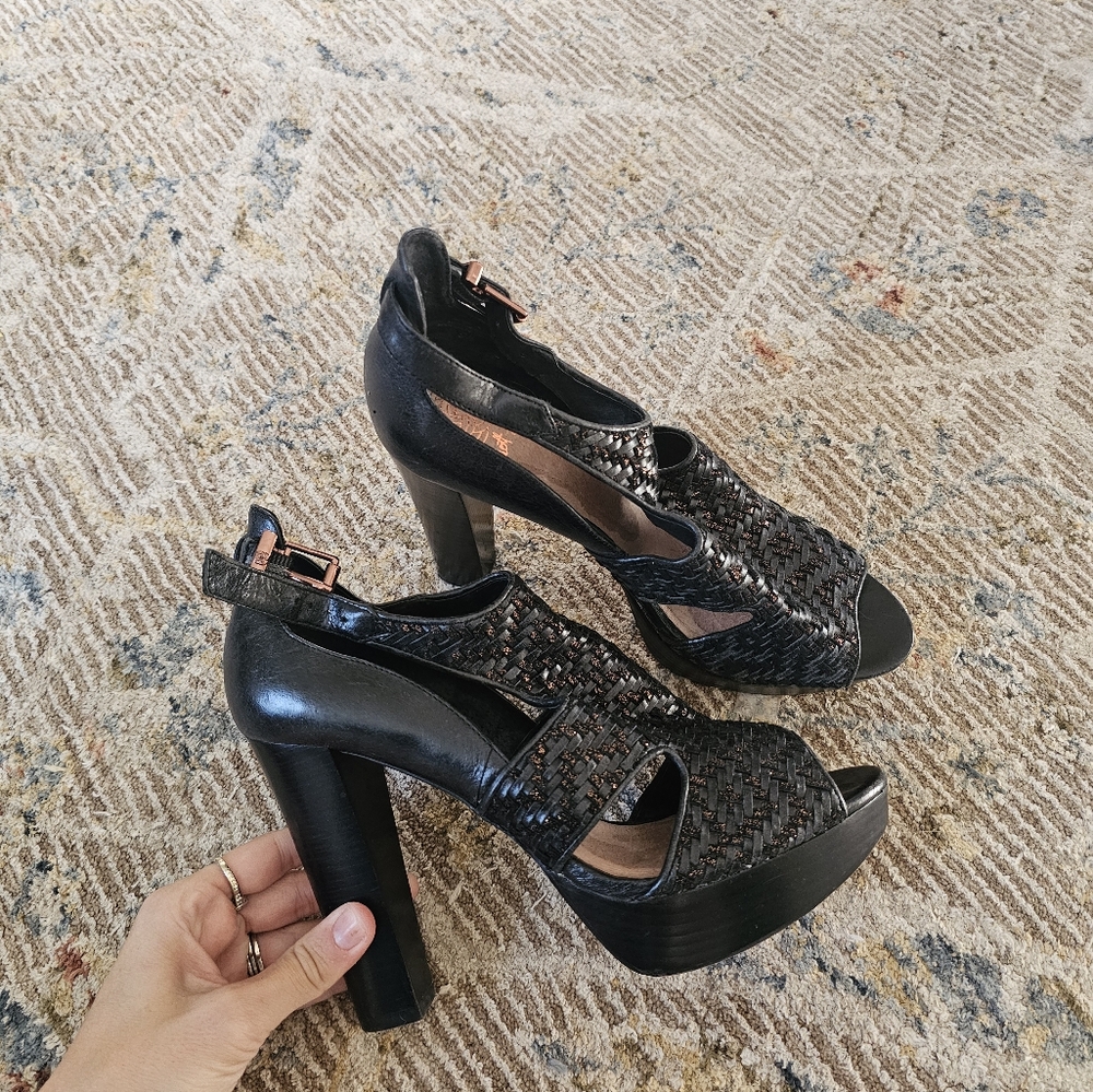Anthropologie Black Woven Peep-Toe Platform Heels